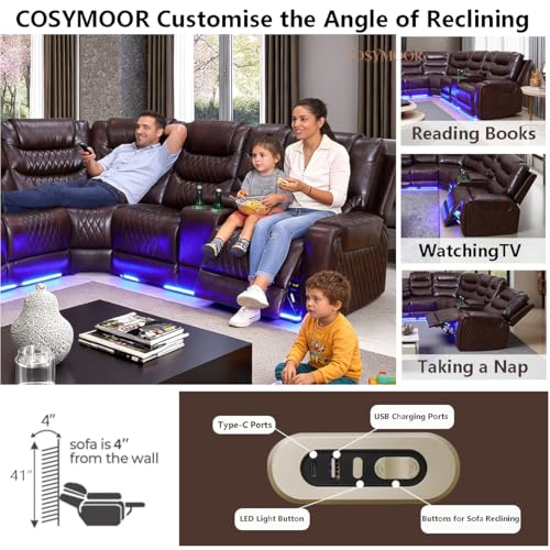 Image of Power Recliner Sectional Sofa with LED Light for Living Room, Dark Brown Leather Reclining Sofa Corner Sectional Couches Set, Cup Holder, Storage Console for Home Theater Seating