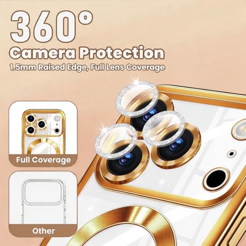 Image of Misscase for iPhone 17 Pro Case with Privacy Screen Protector, Built-in Lens Protector, Compatible with MagSafe, Anti-Yellowing Shockproof TPU, Bling Glitter Electroplated Cover 6.3 inch Gold
