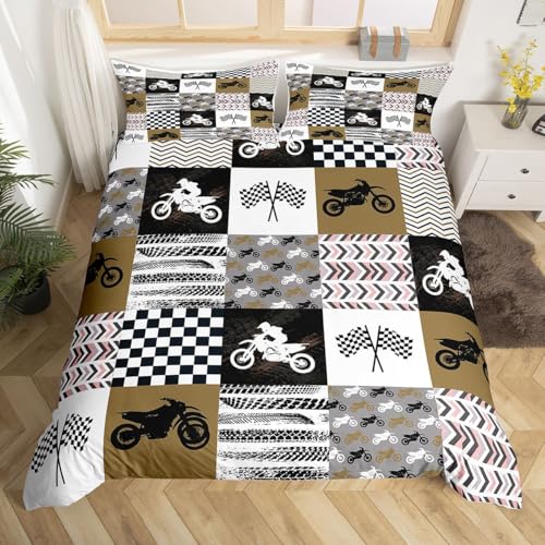 Motocross Boys Bedding Set Black and White Grids Comforter Cover Motorbike Patchwork Pattern Duvet Cover Motorcycle Dirt Bikes Bedding Collections Arrow Stripes Extreme Sport Theme Bedding, Queen