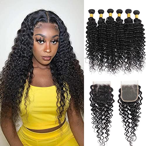 Deep Wave Human Hair Bundles with Closure 8A Brazilian Virgin Human Hair 6 Bundles with Free Part Lace Closure Natural Color (18 18 20 20 22 22+16 inch)