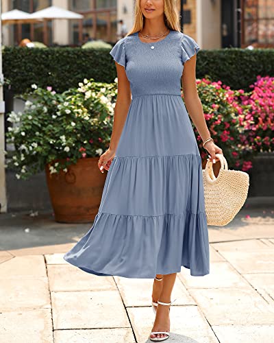 Image of BTFBM Women Casual Short Sleeve Crew Neck Summer Dress Bohemian Floral Printed Flowy Maxi Dresses Tiered Cocktail Dress