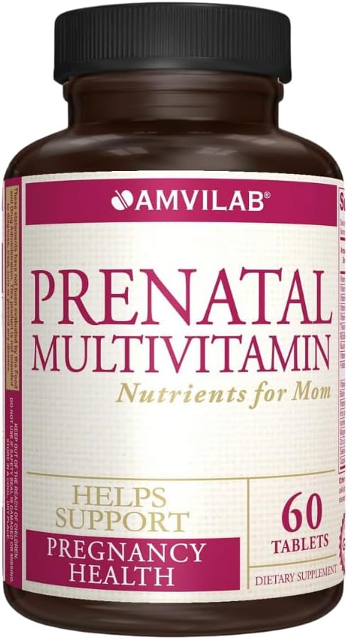 AMVILABPrenatal Multivitamin - Helps Promote Pregnancy Health - Supports Immune System & Fetal Development - Essential Nutrients for Mom & Baby - Safe Formula - Dietary Supplement - 60 Tablets