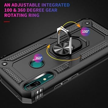 Case Compatible with Huawei Honor 10i, Military Grade Armor Shockproof Protective Phone Case Cover Metal Ring Kickstand for Huawei Honor 10i Black