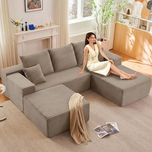 Image of 107 inch Modular Sectional Sofa with Ottoman, Modern Corduroy Cloud Couch with Deep Seat, Boneless Couch Upholstered 3-Seater U-Shaped Sofa for Living Room, No Assembly (Camel, Right-Facing Chaise)