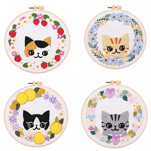Image of VIRFONOR 4Pack Embroidery Kit for Beginners and Women,Embroidery Cross Stitch Kits with Easy Stamped Floral Pattern, Embroidery Hoop,Tools and Step-by-Step Instructions (Cat Pattern)