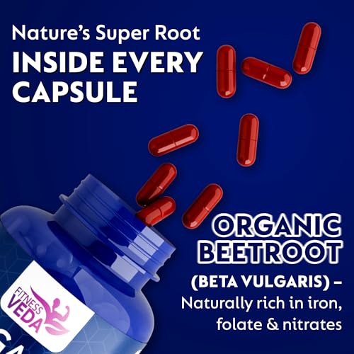 Image of Fitness Veda Organic Beetroot Capsules - 120 Veg Capsules - Heart Health, Blood Pressure & Endurance Support - Rich Antioxidant Capsule - Natural Superfood Supplement - Non-GMO, Gluten-Free