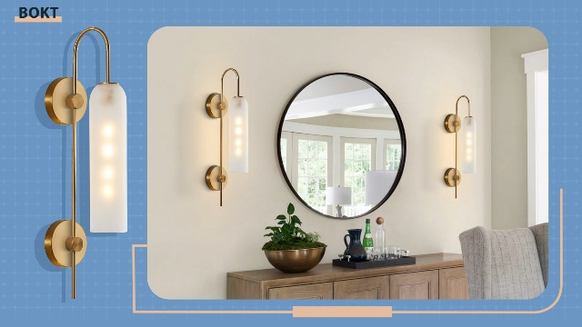 Image of BOKT Mid Century Modern Plug in Wall Sconces Indoor Long Brushed Gold Milk White Glass Sconces Wall Lighting Single Wall Sconce Bathroom Vanity Light Brass Wall Mounted Light Fixture (White)