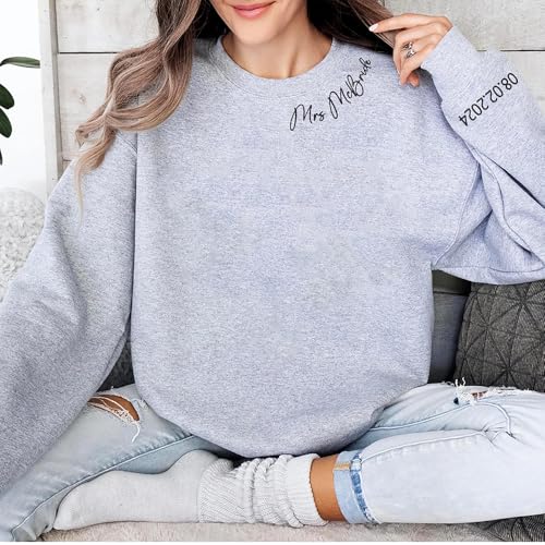Custom Mrs. Embroidered Sweatshirt, Personalized Embroidered Sweatshirt, Date On Sleeve, Name On Neckline, Wife Shirt, Future Mrs Hoodie, Engagement Gift, Bride To Be4