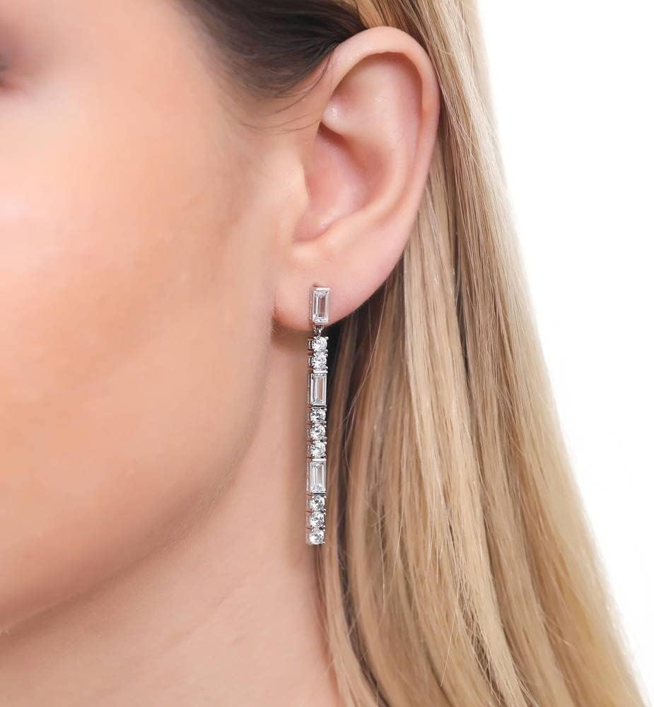 BERRICLE Sterling Silver CZ Dangle Earrings for Women, Trendy Simulated Diamond Cubic Zirconia Drop Earrings - Art Deco, Bar, Flower, Teardrop, Filigree Designs - Image 3