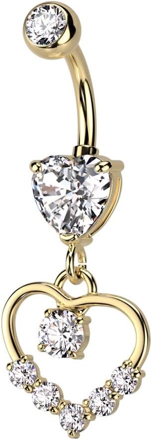 Pierced Owl 14GA 316L Stainless Steel CZ Crystal Hollow Heart Shaped Dangling Belly Button Ring