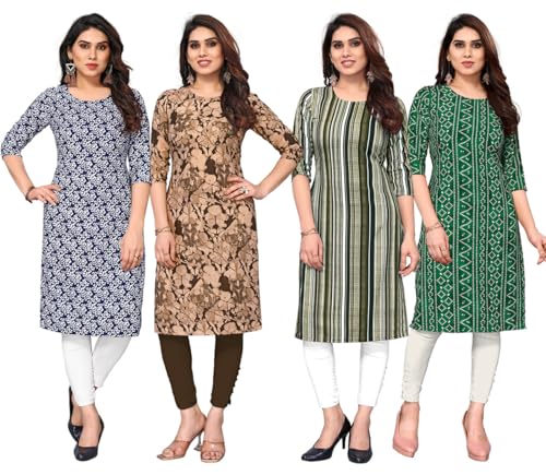 Image of JAKHANA Women's Crepe Printed Casual Straight Calf Length Round Nick Kurta Pack of 4
