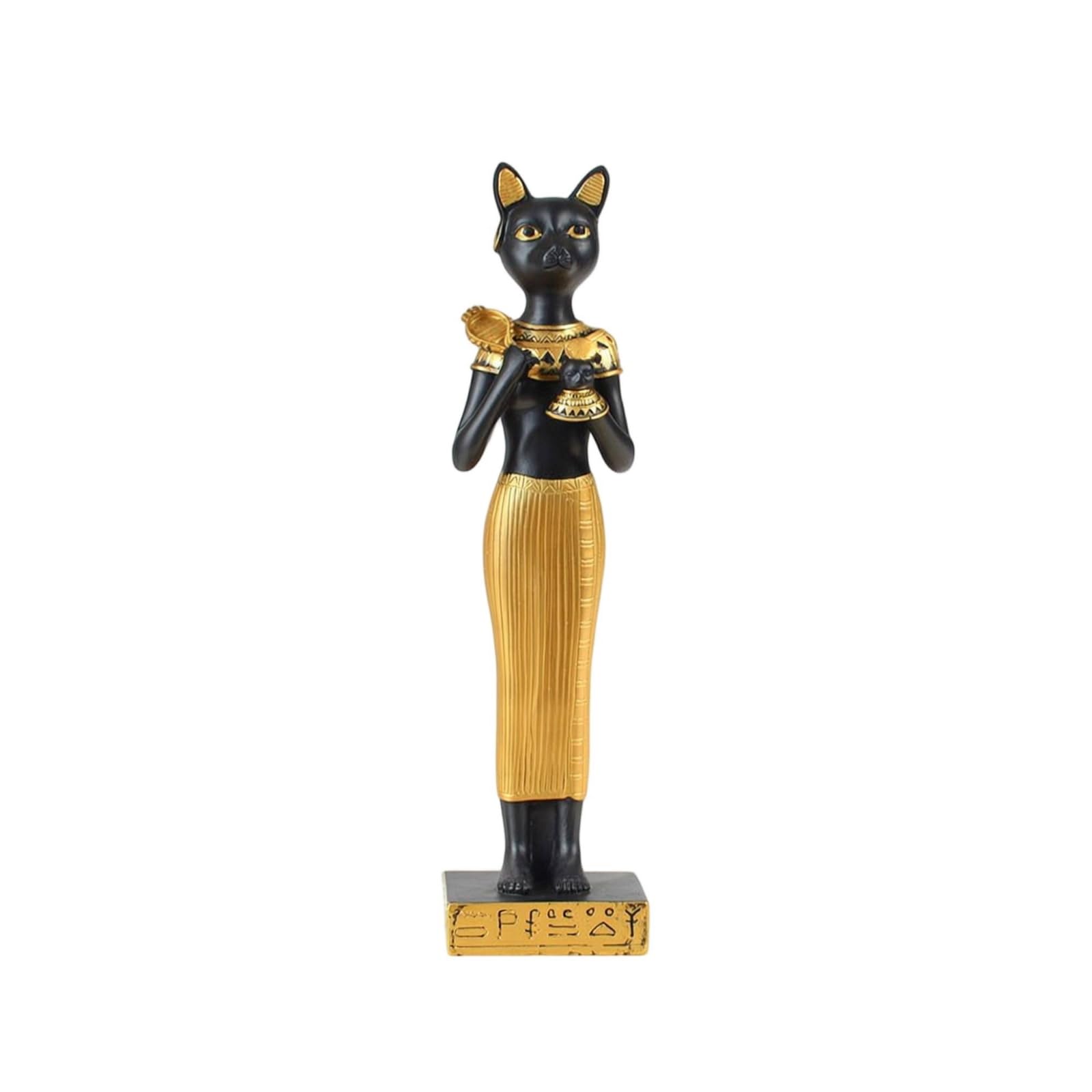 Statua Decorativa Gatto Bastet Ornemento in Resina con Accenti Dorati E Slanciata Base Rettangolare Stile per Interno Ufficio Studio Adatta a Ripiani Consolle Librerie 28.5cm