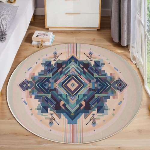 Tapis salon rond antidérapant bleu déco géométrique 60 cm - 3