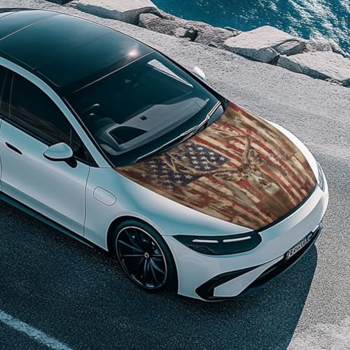 Image of Deer American Flag Car Hood Cover for Compact Car SUV Truck Minivan, Waterproof Automotive Exterior Accessories 59x39 Inch Stretchable Patriotic Decorations