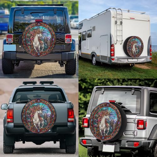 Image of Spare Tire Cover for RV Trailer, Glass Unicorn Tire Covers Universal Fit for Travel Trailer Camper Jeep RV SUV Truck Waterproof Wheel Cover (17 inch for Diameter 31 inch - 33 inch),A-26