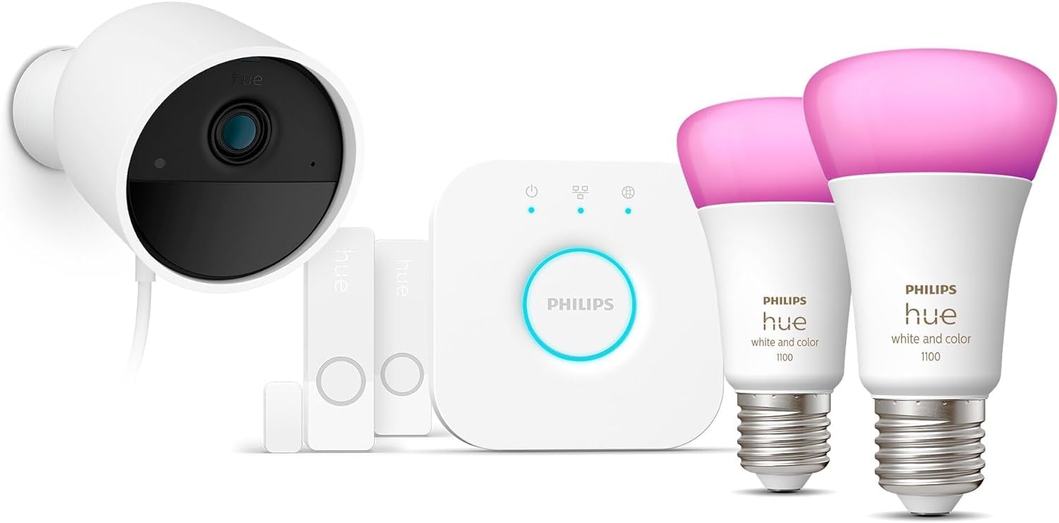 Philips Hue Secure, Kit de Démarrage avec 1 Caméra Filaire Sécurisée Blanche, 2 Capteurs de Contact Sécurisés Blancs, 2 Ampoules Connectées White and Color Ambiance, 1 Pont, Facile à Installer