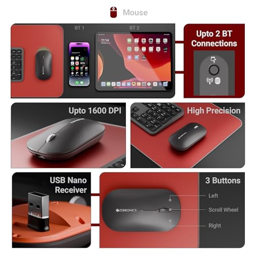Image of Zebronics Wireless Keyboard & Mouse Combo, 2.4GHz + Multi BT Toggle, Scissor Switch, Mac & Win Toggle, UV Coated Keys, Multimedia Keys, Upto 1600DPI, Type-C Charging, High Precision (Companion 5002)
