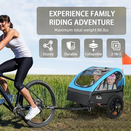 Image of Sepnine Kids Bike Trailer, 2 in1 Canopy Carrier Converts to Stroller Suitable for 1 to 2 Kids, 12+ Months, Quick Attach to Bike, Foldable, with 5-Point Harness and Storage Bags
