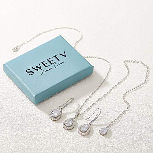 Sweetv Crystal Teardrop Wedding Jewelry Sets For Brides Birdesmaids, Rhinestone Cubic Zirconia Bridal Backdrop Necklace And Earrings Jewelry Sets For Women, Prom Costume Jewelry,Silver #TOP6