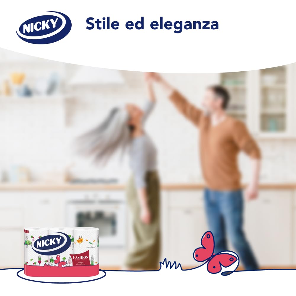 Nicky Fashion - 21 Rotoli di Carta Cucina, 50 Soffici Fogli a 3 Veli, 3 Diverse Fantasie per un Mix&Match in Diversi Colori, Massima Bellezza ed Assorbenza, Carta 100% Certificata FSC
