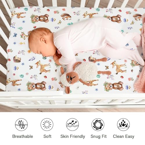 Image of Cute Animals Fitted Baby Crib Sheet for Boy Girl 52 inchx28 inch Bear Squirrel Deer Hedgehog Floral Leaves Soft Breathable Baby Nursery Bed Sheet Fits Standard Crib and Toddler Bed Mattresses