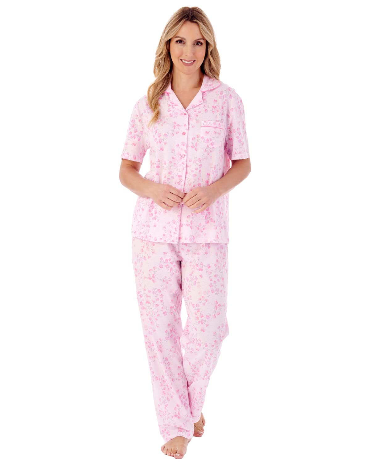 Slenderella Pansy Short Sleeve Buttoned Tailored Cotton Pyjama Set (16/18, Pink)