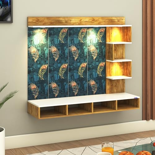 Image of Anikaa Laura Engineered Wood Wall-Mount TV Unit with Printed PVC Back Panel & LED Lights | TV Cabinet with Storage Box & Decorative Shelves (Giantwood /White) for TVs up to 43Inch | DIY Installation
