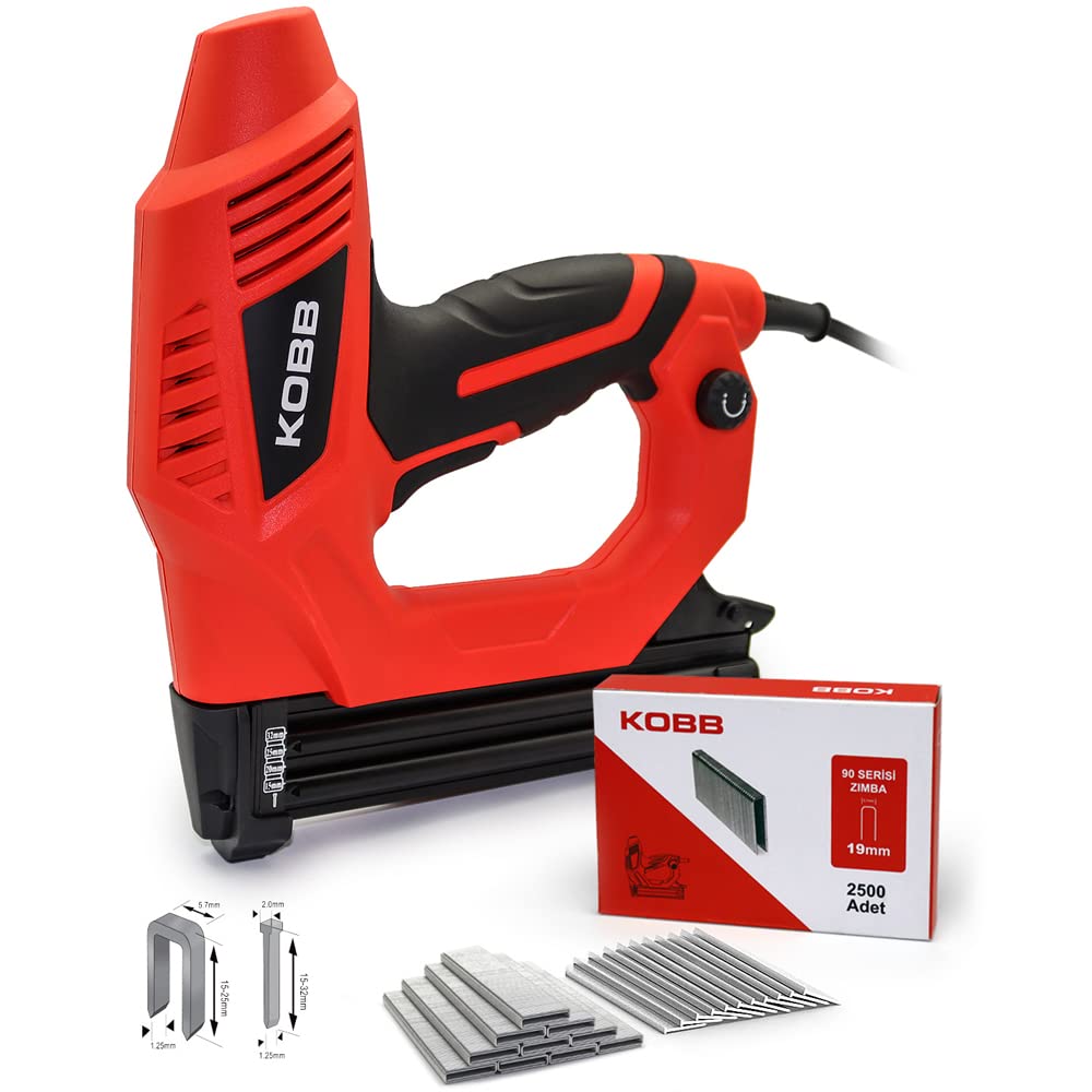 KOBB KBZ90 15-25mm Zımba ve 15-32mm Profesyonel Çivi Çakma Makinesi + 3000 adet Yedek Zımba ve Çivi, Kırmızı/Siyah