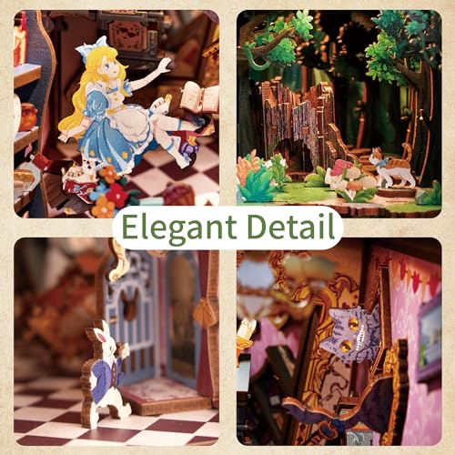 Image of Tonecheer DIY Book Nook Kit for Adults,3D Wooden Puzzle Bookend Bookshelf Insert Library Decor, Booknook Miniature House Kit with Body Motion Sensor LED Light (Alice in Wonderland)