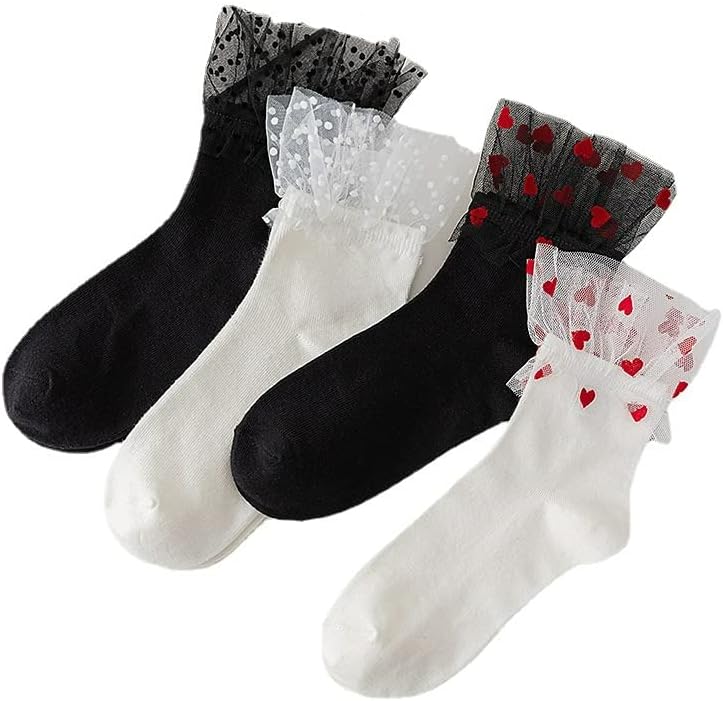 CYee 4 pares de calcetines de princesa Lolita de malla con volantes de encaje Y2K Love Design Frilly Elastic JK Uniforme Calcetines de vestir, Patrón