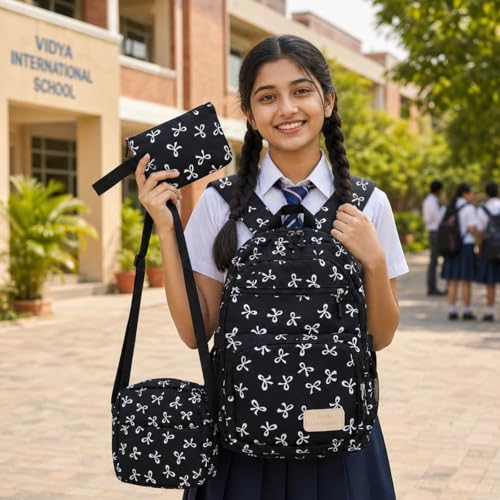 Image of PALAY 3PCS Sweet Stylish Girls Backpack Set with Bow Print, Cute Nylon School Backpack Shoulder Bag Zipper Pouch, Lightweight Casual Bookbag for School, Travel