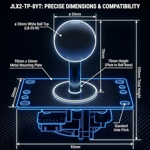 Image of SANWA JLX2-TP-8YT 2nd Gen Arcade Joystick w /White Ball Top & 5-Pin Harness - Ultimate JLF Upgrade & Successor | POM Base, X-Shaped Washer, GT-8X Gate | 4 & 8 Way Fighting Game Lever