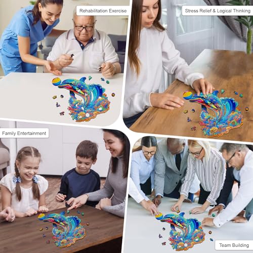 Hopelucr Wooden Puzzles for Adults and Kids, Playful Dolphin Wooden Jigsaw Puzzle 200 Pieces, Unique Shaped Wooden Puzzles, Birthday Gift for Family Game Night Home Decor 11 * 9.4in — view 3