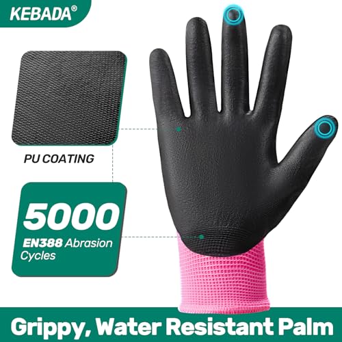 Image of Kebada W1 Work Gloves Women, PU Coated Safety Gloves with Grip, Touchscreen, Ideal for Warehouse Package Handling, Construction, Gardening, Pink Large