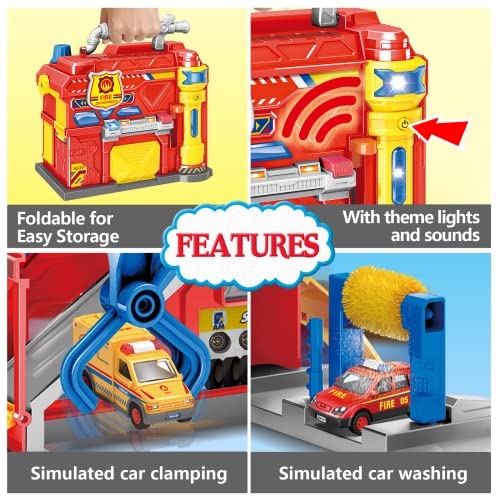 Kids Toys Cars Playset For Boys, Toddler Toys For 3 4 5 6 Year Old Boys, Fire Truck Station Garage Toys With Race Track, 5 Themed Cars, Stickers, Lights And Sounds, Christmas Birthday Gifts For Boys #TOP2