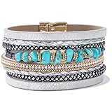 FANCY SHINY Turquoise Beaded Leather Wrap Bracelets Stackable Boho Cuff Bracelets with Magnetic Clasp Trendy Western Jewelry Cowboy Cowgirl Outfits for Women(Silver)