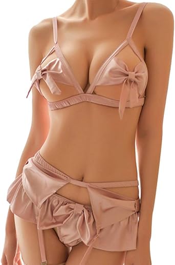 JasmyGirls Kawaii Lingerie Cute Anime Cosplay Bikini Lolita Roleplay Bow Bra and Panty Set Sexy Bow Tie Underwear Garter Belts Pink