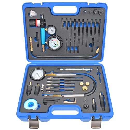 46PCS Compression and Leakage Test Kit Petrol & Diesel Dual Gauge Engine Compression Tester for HDI TDCi Pumpe Duse Engine Automotive Cylinder Leak Down Tester with Dual-Scale Diesel Pressure Gauge