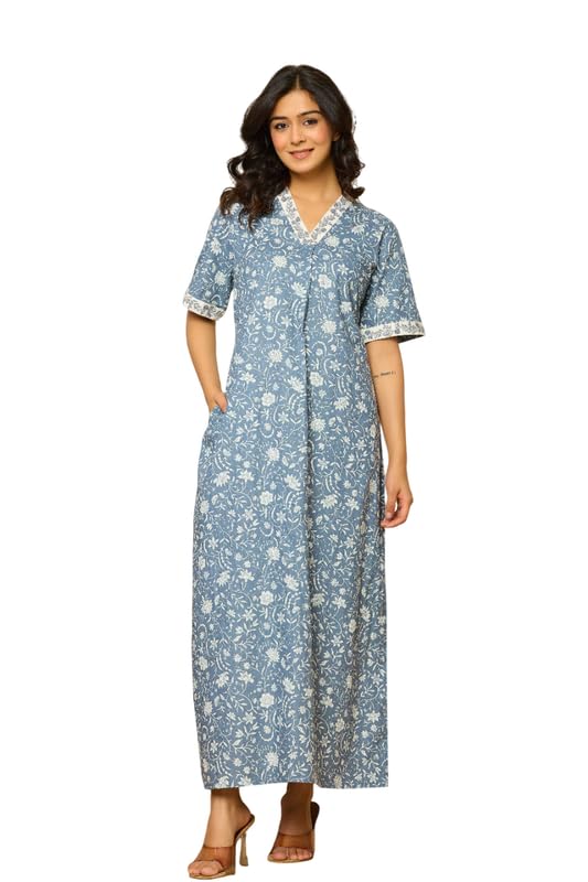 NIHSAMAH Cotton Nighty for Women — Embroidered & Printed Stylish Night Gown, Comfortable Sleepwear Long Nightwear, Maxi