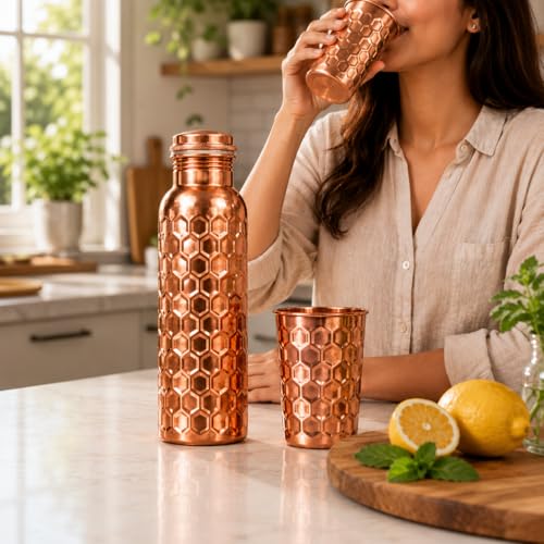 Image of 100% Pure Copper Water bottle 32 Oz with Cleaning brush, Diamond Design | Drink More Water, Lower Your Sugar Intake And Enjoy the Health Benefits Immediately,32 Oz(1 Brush +1Bottle+ 1 Glass) Diamond