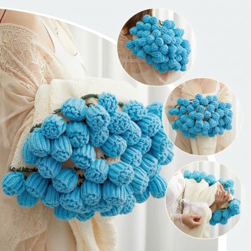 Image of Flower Bouquet Blanket, Soft Knitted Throw Blankets (Blue Roses) | Birthday Gifts for Mom Grandkids Her Wife Girlfriend, Completed Crochet Flower Blanket, Housewarming Gifts for Anniversary
