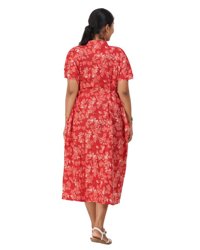 Image of Women's Cotton Full Front Open Dress | Mandarin Collar Button-Down | Darted Waist with Multi Tie-Up | Calf Length | Maternity, Feeding, Elderly & Hospital Wear | Sizes L-3XL