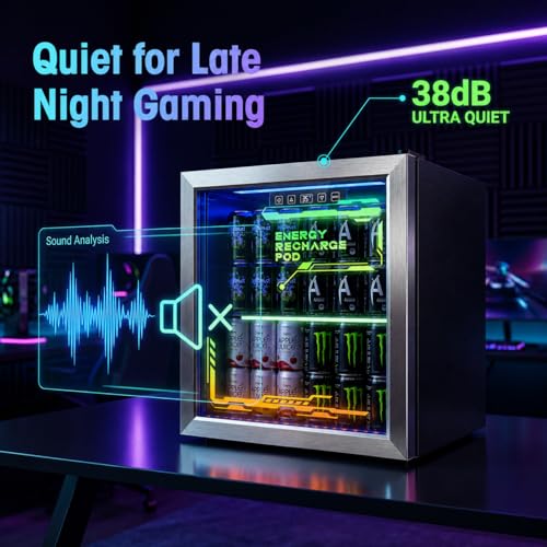 Image of Tehanld Lighted Beverage Refrigerator, 68-Can Gaming Mini Fridge | RGB illuminated glass door, 1.8 cu.ft, 35-65F digital control, quiet drink cooler for bedroom, game room, home bar