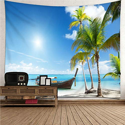 Banemi Wandteppich Ästhetik, Vintage Wandbehang Blau Sommerthema Meer, Boot und Kokosnussbaum...