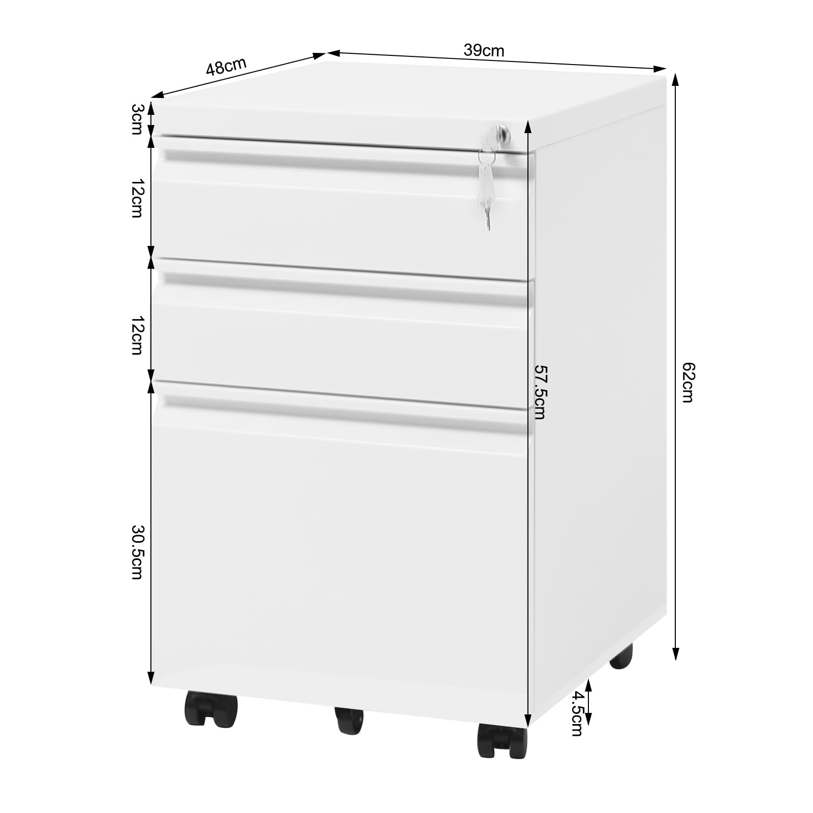 WOLTU Caisson de Bureau Mobile, Meuble de Rangement pour Dossiers Suspendus, Caisson sur roulettes, Armoire Documents avec 3 Tiroirs Verrouillables, en Métal,39 x 46 x 62cm, Blanc, ASK03ws