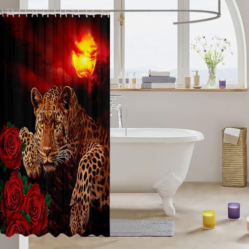 Image of Sunset Shower Curtain Leopard Bathroom Shower Curtain Set for Kids Adult Red Rose Floral Cheetah Print Bath Curtain Wild Animal Waterproof Shower Curtain with Hooks for Bathtub Decor Luxury 72x78 Inch
