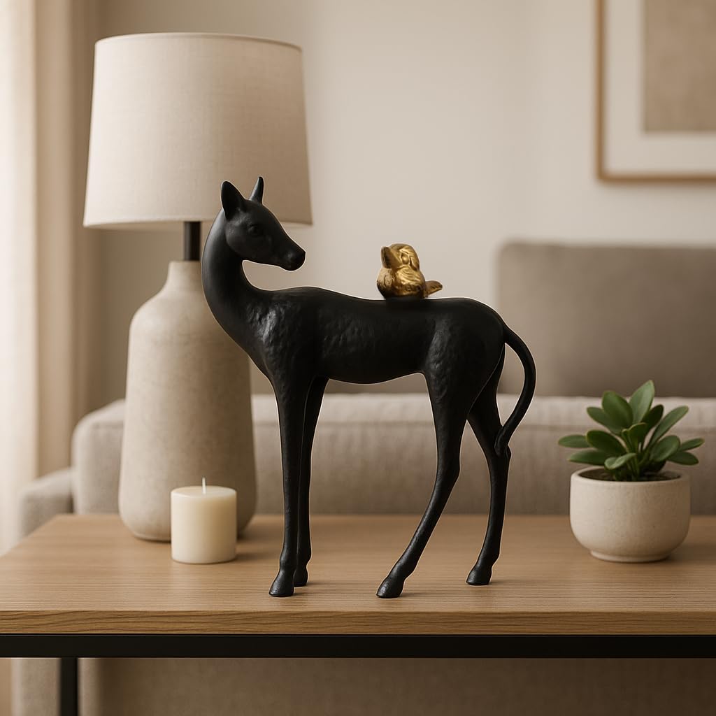 Elegant Horse Sculpture with Bird Accent for Home Decor - Perfect Ornament Figurine for Bathroom, Office, or Shelf - Decorative Sculpture for Coffee Table or Living Room Decor - 11", Black & Gold