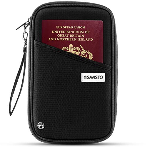 Savisto Multi-Purpose Travel Wallet Organiser | RFID Blocking Passport & Document Holder Inc. Slots & Compartments for Credit Cards, Boarding Passes, Tickets, Keys, Cash & More - Nylon - Black
