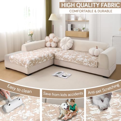 Image of HOKIPO 'Elira Series' Printed Water Repellent + Waterproof Quick Dry L Shape (2+2 Seater) Sofa Seat Cover Mat, Buff Brown Sillehoute Floral (AR-5245-C7 + AR-5246-C7)