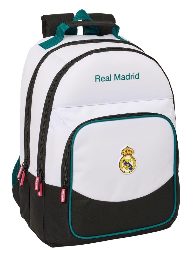 Safta | Mochila Escolar Real Madrid Equipación 26/27 Doble Adaptable a Carro (Sin Carro), 2 Compartimentos Grandes, Bolsillo Portabotellas, Niño y Niña, Medidas 32x16x42 cm